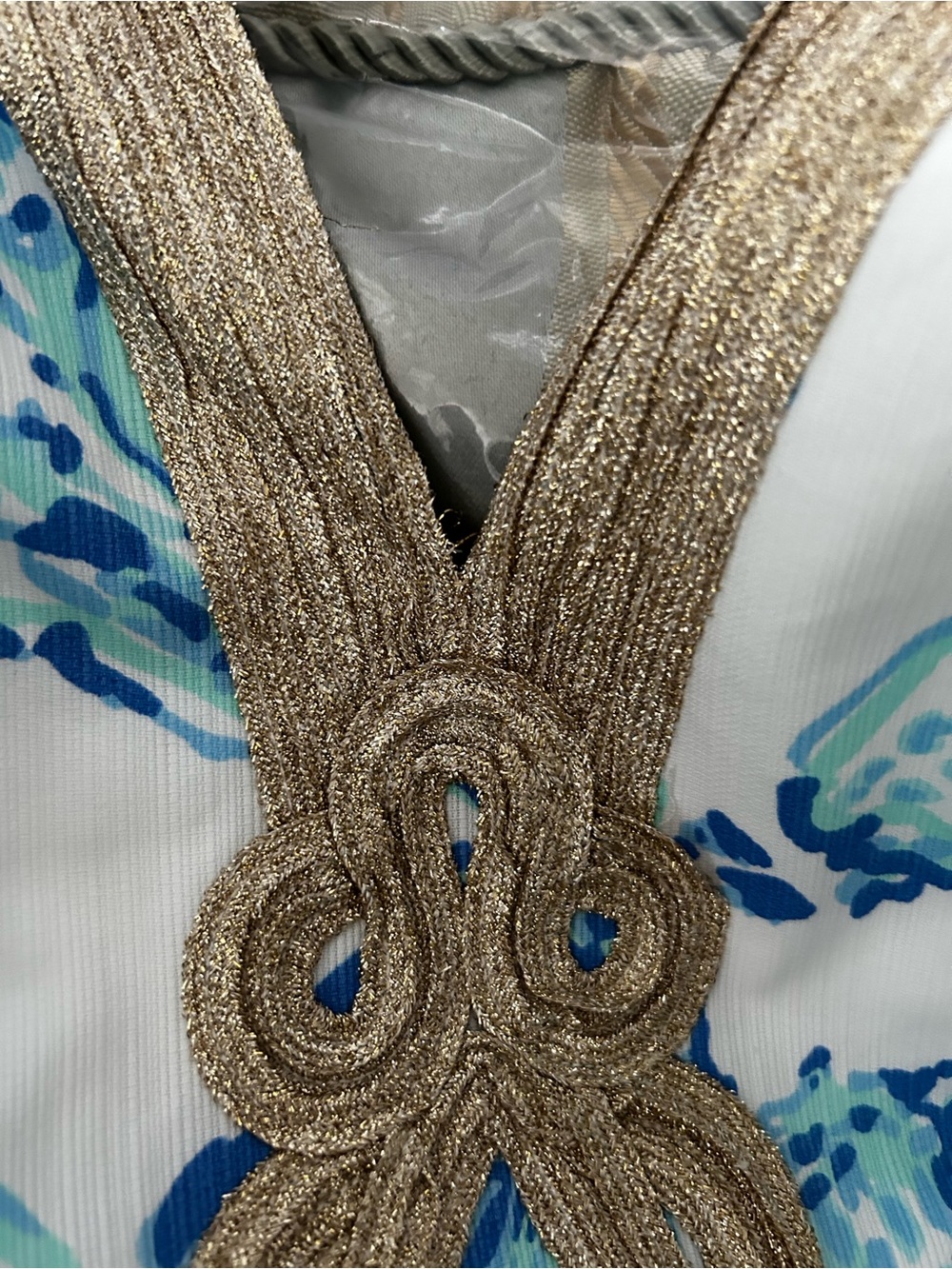 Lilly Pulitzer Blue, Aqua & White Shell-Print Mini Dress with Gold Trim - Picture 4 of 6